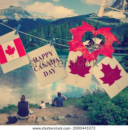 Happy Canada Day. Happy Canada Day. Holiday greeting cards with Maple leaf and Canadian flag. Signs hanging on rope against Canadian Rockies landscape and mountain lake. People enjoy the holiday 