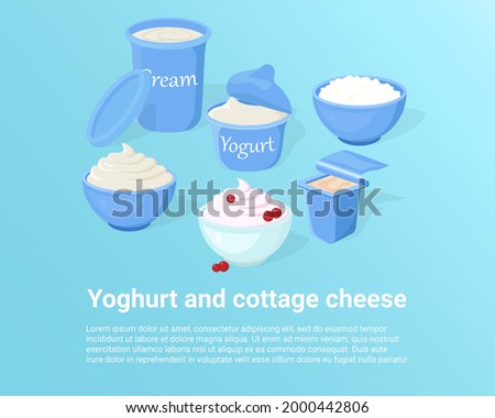 A poster depicting Yoghurts and cottage cheese.Fresh milk in bags and bottles and a full glass of milk.An image in a hand-drawn style.