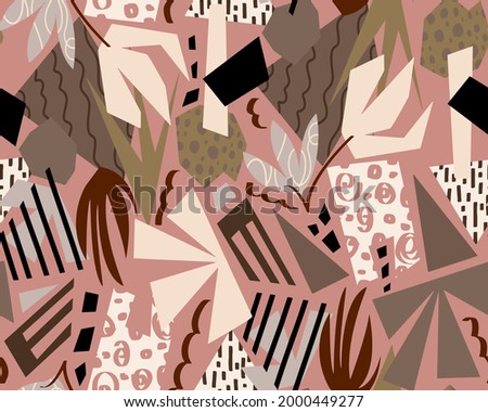 Abstract Hand Drawing Colorful Geometric Shapes Flowers and Leaves Seamless Vector Pattern Isolated Background