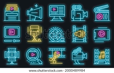 Clip maker icons set. Outline set of clip maker vector icons neon color on black