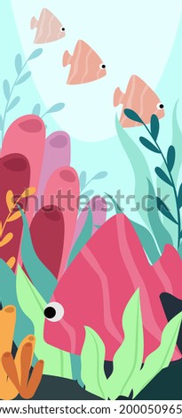 Undersea vector illustration with pink and orange fish swimming between seaweed. For games backdrops and children`s book. 