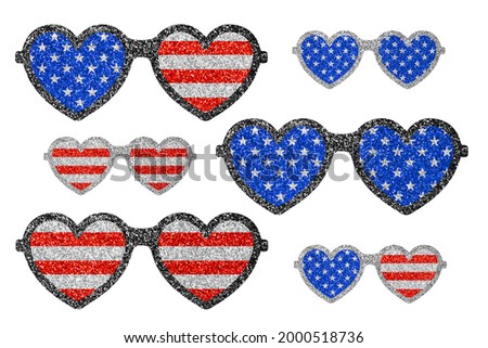 Glitter glasses heart- form in colors of American flag. Clip art patriotic kit on white background