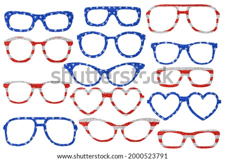 Glitter glasses in colors of American flag. Clip art set on white 