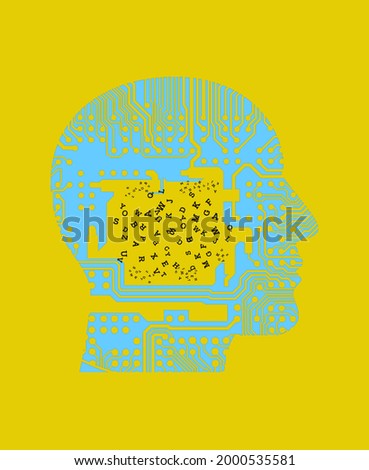 Conceptual background with human head silhouette and thoughts isolated in color background 
