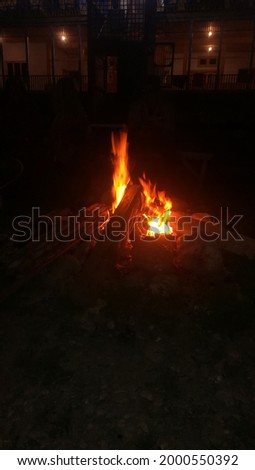 This is a photograph of bonfire in the open area for watm weather. 