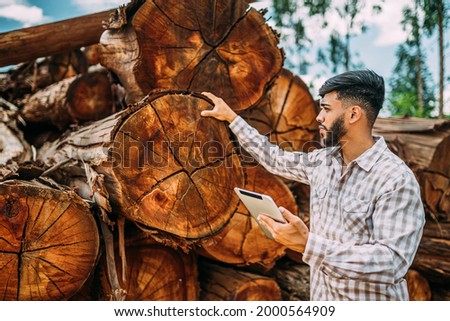 Portrait of Latin young man working on tablet beside tree trunks.