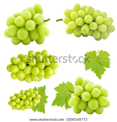 Set of cutout beautiful bunch of fresh green Shine Muscat grape and leaf isolated on white background Royalty-Free Stock Photo #2000568773