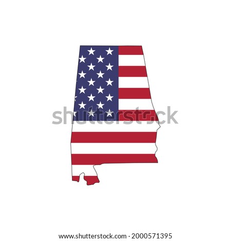 Alabama state map with American national flag on white background