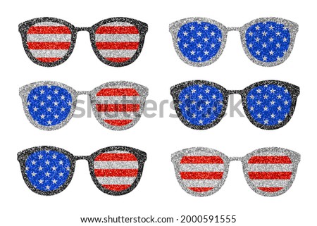 Glitter glasses in colors of American flag. Clip art patriotic kit isolated