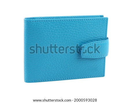 New light blue wallet of genuine cattle leather. Isolated on white background. Close-up shot  Royalty-Free Stock Photo #2000593028