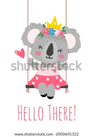 A koala princess with a crown and flowers on her head in cute dress sits on a swing and says hello.Illustration for a card, invitation,posters,t-shirts.