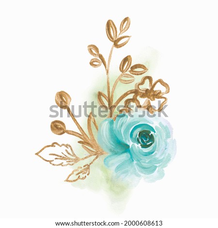 Watercolor Floral Illustration. Abstract Branch of Flowers Clip Art. Botanic Composition for Greeting Card or Invitation. Blue Rose.
