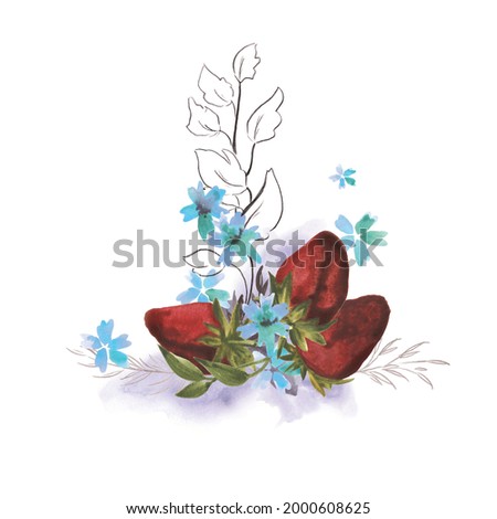 Watercolor Floral Illustration. Abstract Branch of Flowers Clip Art. Botanic Composition for Greeting Card or Invitation. Strawberries with Blue Flowers.