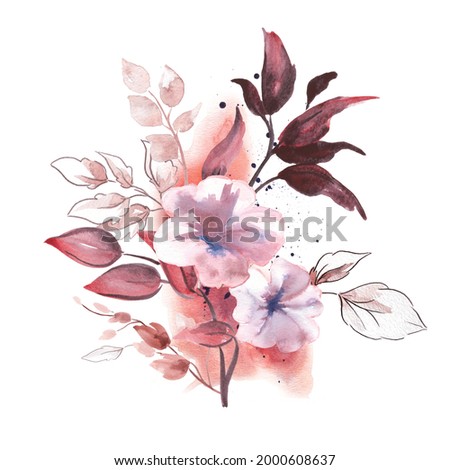 Watercolor Floral Illustration. Abstract Branch of Flowers Clip Art. Botanic Composition for Greeting Card or Invitation. White Petunias.