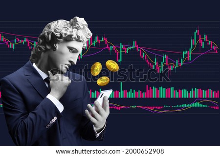 Collage of contemporary art. Conceptual portrait of a businessman holding a mobile smartphone and using a trade application. Apollo's plaster head. The man in a suit.
