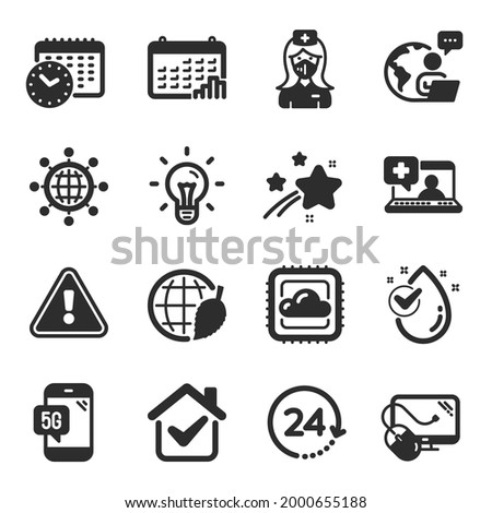 Set of Science icons, such as Nurse, Computer mouse, Cloud computing symbols. Medical help, Calendar graph, Idea signs. Calendar time, International globe, Water drop. Environment day. Vector