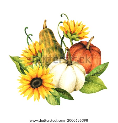 Watercolor floral design card with pumpkins and flowers. Autumn illustration.	