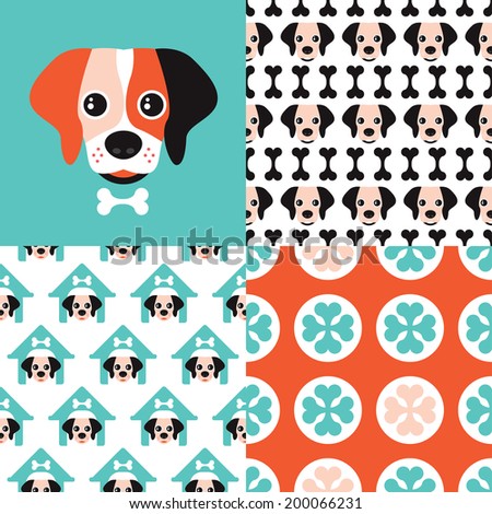 Seamless kids dog pattern set and cute retro color puppy cover illustration background in vector