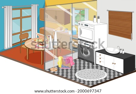 Dining room and laundry room in isometric style illustration