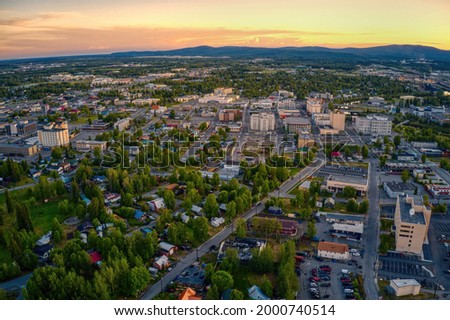 Aerial View of Downtown Fairbanks, Alaska during a Summer Sunset