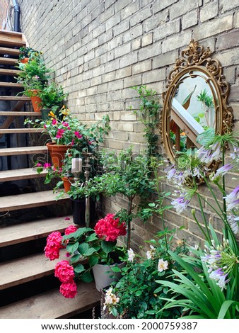 Flower pots on wood steps with a brick wall and vintage mirror.
