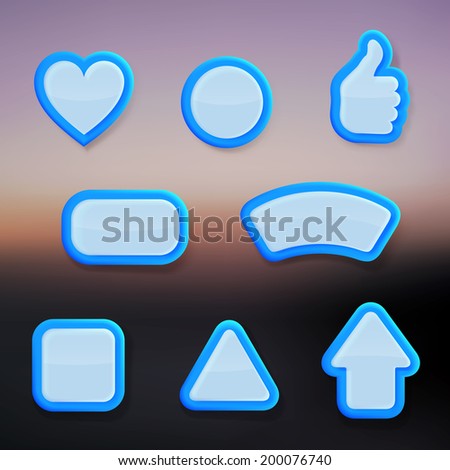 Set of eight differently shaped blue glossy vector buttons, color layer is separate and easy to edit