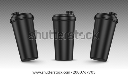 Protein shaker, cup for sports nutrition, gainer or whey shake drink front view. Plastic black bottle, mixer for gym fitness, bodybuilding isolated on transparent background Realistic 3d vector mockup Royalty-Free Stock Photo #2000767703