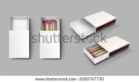 Matches in box, matchsticks with pink sulphur and wooden sticks lying in open case top view and isometric projection isolated on transparent background, Realistic 3d vector rendering, mockup set Royalty-Free Stock Photo #2000767730