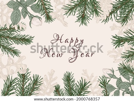 Winter botanical card wiht spruce, dusty miller, white roses. Christmas illustration. Floral background with coniferous, hand drawn in vector. Pastel.