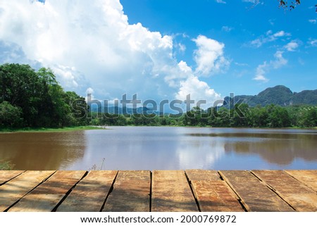 Wooden Table Texture Isolated Background Mountain River And Sky