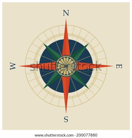 Vector illustration of compass rose or wind rose with compass points and cardinal wind directions