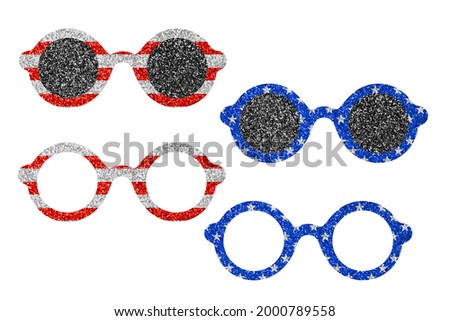 Glitter glasses in colors of American flag. Clip art patriotic set on white 