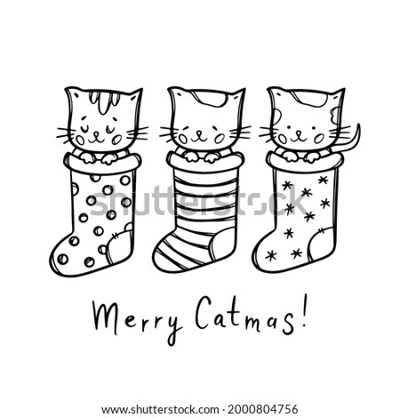 CAT CHRISTMAS COLORING PAGE Cute Kittens In New Years Socks Handwritten Text Monochrome Greeting Card Cartoon Hand Drawn Clipart Vector Illustration For Print