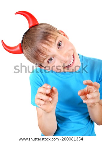 Sly Kid with Devil Horns on the Head Isolated on the White Background