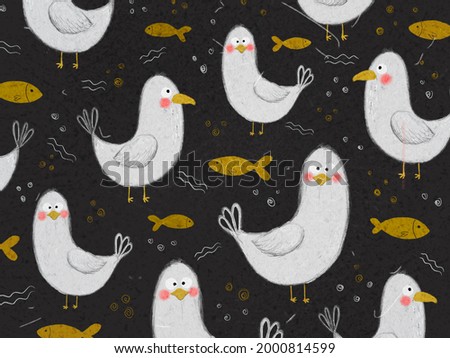 Pattern of funny birds, fish and more on a dark background. Designs for clothing, fabric and other items
