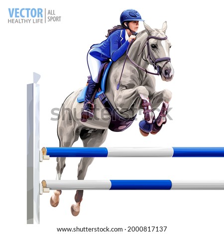 Jockey on horse. White Horse. Champion. Horse riding. Equestrian sport. Jockey riding jumping horse. Poster. Sport background. Isolated Vector Illustration