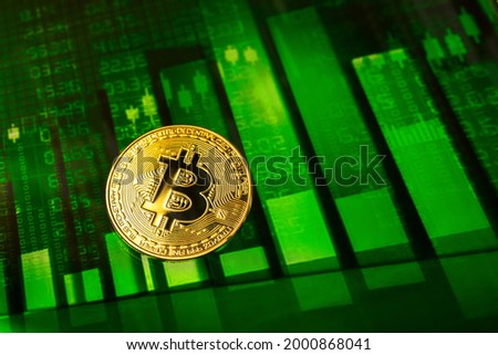Bitcoin growth up, green stock chart background 