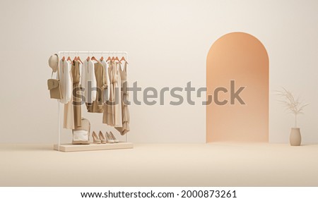 Mens and women cloth shelf, store shelf. Clothes on podium, shelf on Peach Fuzz is trend color of the year 2024. Collection of clothes hanging on a rack in neutral beige colors. 3d rendering