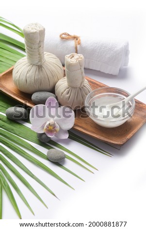 SPA concept: composition of spa treatment on green palm background with copy space 

