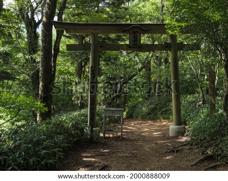 "Translation: Ishizuchi Shrine. Sacred Peak. Ishizuchi Mountain." Torii built on the mountain trail on the ropeway side