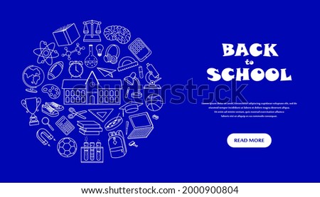 Back to school banner with hand drawn school supplies. Round concept. Vector illustration in Doodle style. White elements on a blue background.