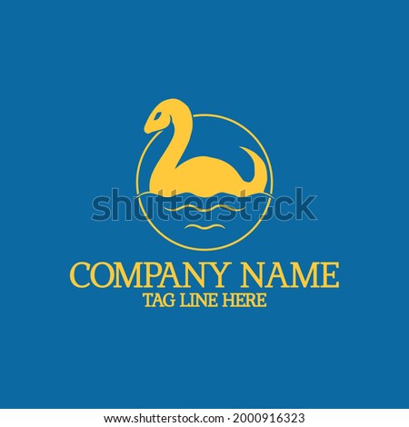 a loch ness monster nessie silhouette logo decorated with waves and circle, suitable to be used as a logo for companies in the field of protecting the lake, beach and marine environtment Royalty-Free Stock Photo #2000916323