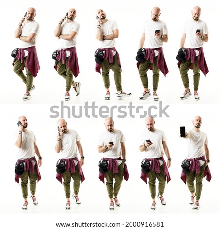 Collection of bald modern style man using or talking on cell phone various interactions. Full body people portraits isolated on white background.