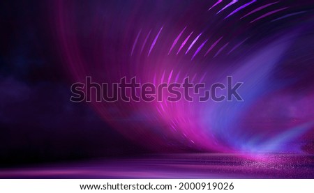 Abstract neon futuristic background. Distortion of light rays. Dark futuristic scene, smoke, smog, rays and lines. Illusion fantastic, neon background, tunnel. Dark street scene with neon lights.