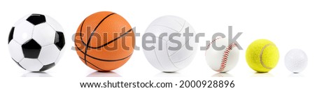 Various balls like football; baseball; basketball; tennis; and golf ball. Isolated on white background. Sport Panorama Royalty-Free Stock Photo #2000928896