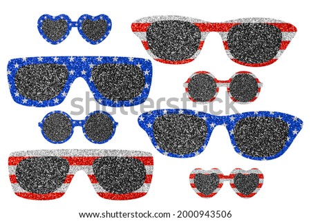 Glitter glasses in colors of American flag. Clip art patriotic set on white background