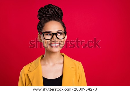 Photo of sweet agent lady look empty space wear eyewear yellow cardigan isolated on vivid red color background