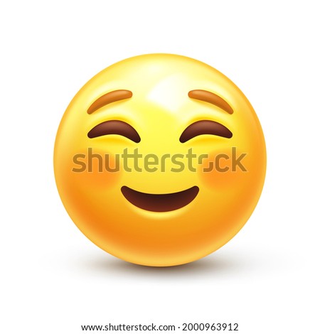 Cute smiling emoji. Happy face with flushed cheeks, cheerful embarrassed 3D stylized vector icon Royalty-Free Stock Photo #2000963912
