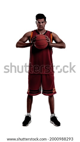 Silhouette of basketball player with ball on white background