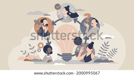 Collective intelligence as community common sense tiny person concept. Creative teamwork with idea brainstorming vector illustration. Team connection and social cooperation for innovation development Royalty-Free Stock Photo #2000995067